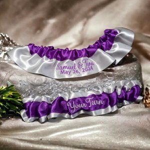 Your Names & Date or Monogram Custom Embroidered Wedding Garter Set Personalized